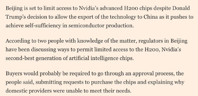 FT：尽管 #特朗普 允许 #英伟达 向中国出口H200 #芯片 ，但中国发改委与工信部仍将对其设限，芯片买家可能需要经过审批流程，提交购买芯片的申请，并解释国内芯片无法满足需求的原因