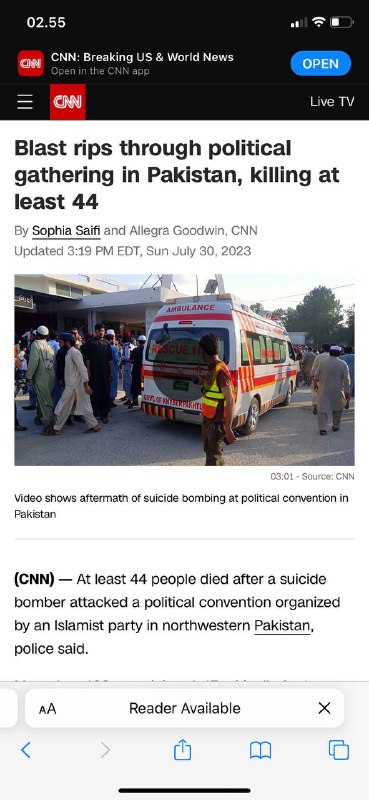 #巴基斯坦🇵🇰恐怖分子疑似巴基斯坦自杀式爆炸在政治集会上造成至少55人死亡，135人受伤没有人立即声称对这次袭击负责，但伊斯兰国组织在阿富汗边境开展行动