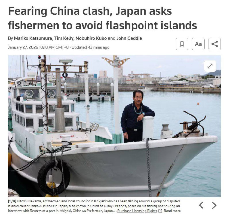 路透：日本政府敦促日本渔民远离钓鱼岛以避免摩擦升级自去年年底以来，日本官员一直私下敦促渔民远离钓鱼岛，以避免与中国外交摩擦升级
