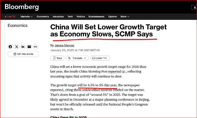 南华早报： 中国计划将2026年的经济增长目标设定在 4.5% 至 5%，低于2025年的“5%”，官方下调目标，等于公开承认“经济在放缓”