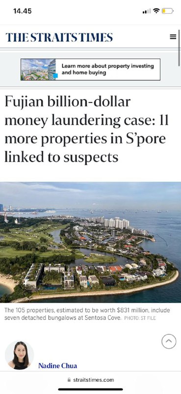 #福建🇨🇳数十亿美元洗钱案：S'pore又有11处房产与嫌疑人有关更新两分钟新加坡时间Nadine Chua警方周五表示，在涉及来自福建的外国人的数十亿美元反洗钱案件中，又有11处房产被签发，禁止处置