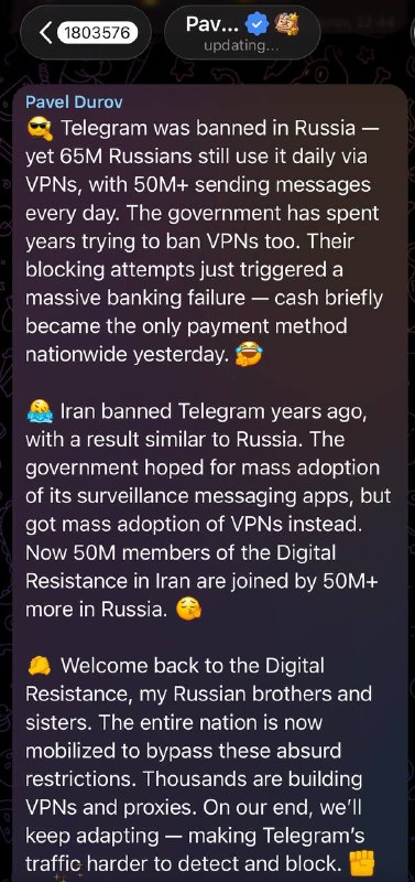 telegram创始人杜洛夫在个人频道发布：😎Telegram在俄罗斯被禁止——但每天仍有6500万俄罗斯人通过VPN使用它，每天有5000多万人发送消息