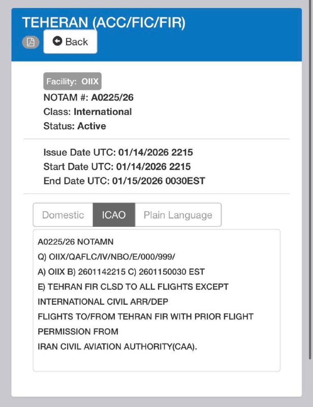 伊朗突然宣布对商用航空关闭领空七个小时，从北京时间今早6:15到下午1:30尽管川普称伊朗停止杀戮了，市场理解形势缓和，但是，伊朗仍然宣布关闭天空