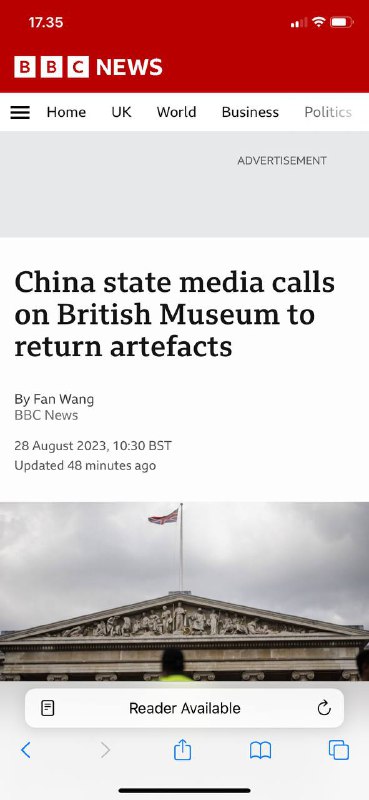 #中国官方媒体呼吁大英博物馆归还文物作者：Fan Wang英国广播公司新闻2023年8月28日，英国夏令时10:3048分钟前更新在最近盗窃了约2000件物品后，呼吁大英博物馆归还中国文物，这让该国的社交媒体升温