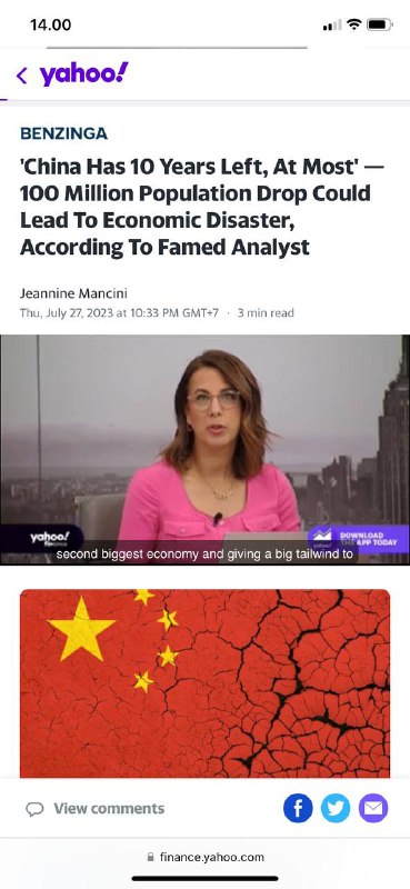 #中国最多还有 剩下10 年崩溃据著名分析师称，1 亿人口下降可能导致经济灾难Jeannine Mancini2023年7月27日星期四，格林尼治标准时间晚上10:33+7·3分钟Zeihan认为，中国的崩溃迫在眉睫，距离潜在的灾难只剩下10年了