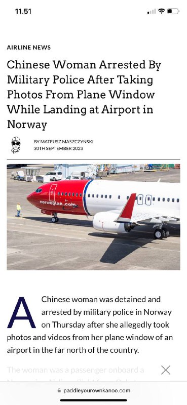 #挪威🇳🇴机场 9月30日2023年一个中国🇨🇳妇女在挪威机场降落时从飞机窗口拍🇺🇸F-35战斗机后被宪兵逮捕一名中国🇨🇳妇女在挪威最北部机场的飞机窗口拍摄照片和视频后，于周四在挪威被宪兵拘留和逮捕